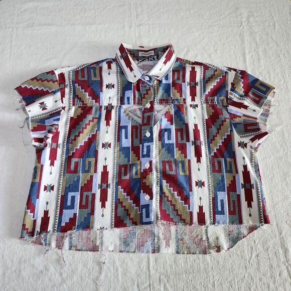 1993 Southwest Print Western Cut Out Button Down Cropped Short Sleeve Medium - Picture 1 of 15